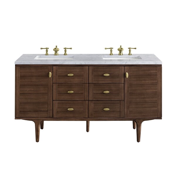 James Martin Vanities Amberly 60in Double Vanity, Mid-Century Walnut w/ 3 CM Carrara Marble Top 670-V60D-WLT-3CAR - main